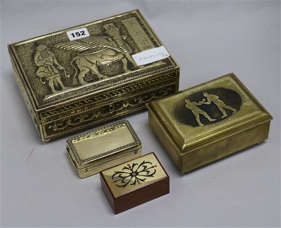 A Assyrian style embossed brass box and other brass boxes W.21.5cm & H.8cm